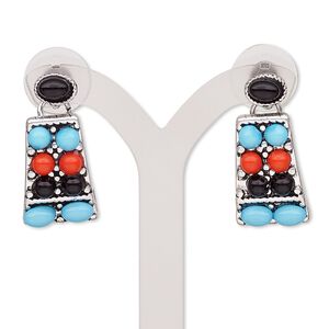 Earring, resin / stainless steel / antiqued silver-finished "pewter" (zinc-based alloy), black / red / light blue, 28mm with trapezoid and post. Sold per pair.