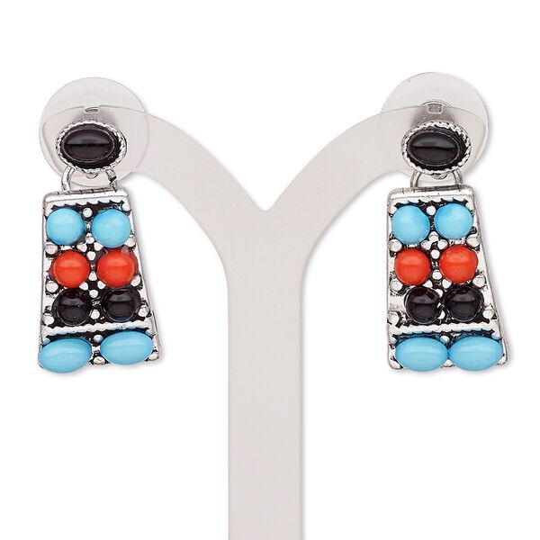 Earring, resin / stainless steel / antiqued silver-finished "pewter" (zinc-based alloy), black / red / light blue, 28mm with trapezoid and post. Sold per pair. image number 0