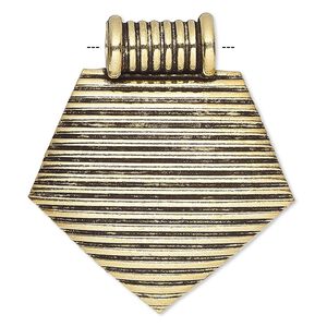 Pendant, antique gold-plated copper, 47x42mm pentagon with line design and tube bail. Sold individually.
