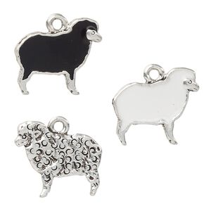 Charm, enamel and antique silver-plated pewter (tin-based alloy), white and black, 18x16mm two-sided sheep. Sold per 2-piece set.