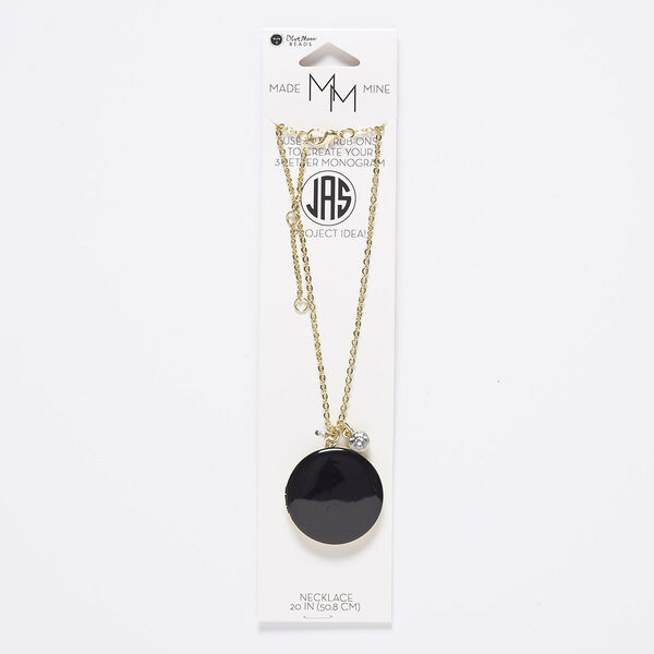 Necklace, enamel / acrylic / gold-finished "pewter" (zinc-based alloy) / steel, black and clear, 32mm hinged round locket with 24mm setting, 20 inches with 2-inch extender chain and lobster claw clasp. Sold individually. image number 0