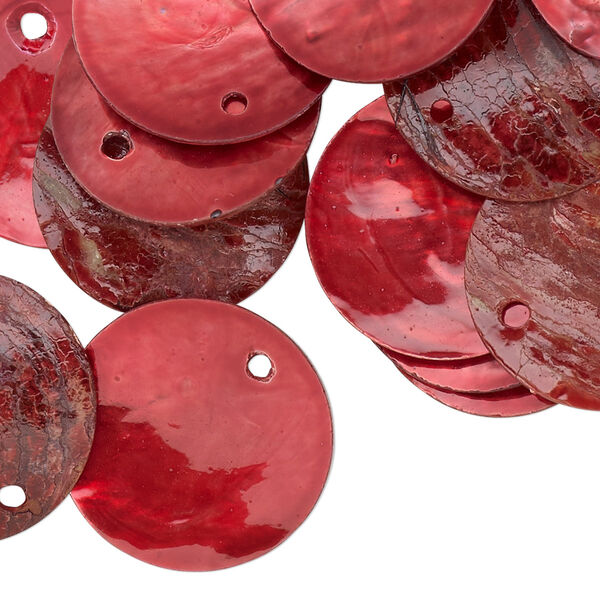 Drop, mussel shell (dyed / coated), red, 20mm flat round, Mohs hardness 3-1/2. Sold per pkg of 25. image number 0