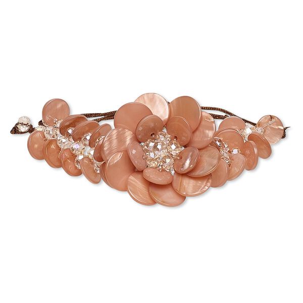 Bracelet, freshwater pearl shell (dyed) / felt / glass / waxed cotton cord, peach / brown / white, 45mm flower, adjustable from 6-1/2 to 8-1/2 inches with macramé knot closure. Sold individually. image number 0
