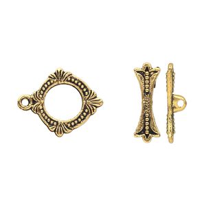Clasp toggle 1pkg20 "pewter" (zinc alloy), 15x14mm double-sided round, antique gold-finished 1-strand