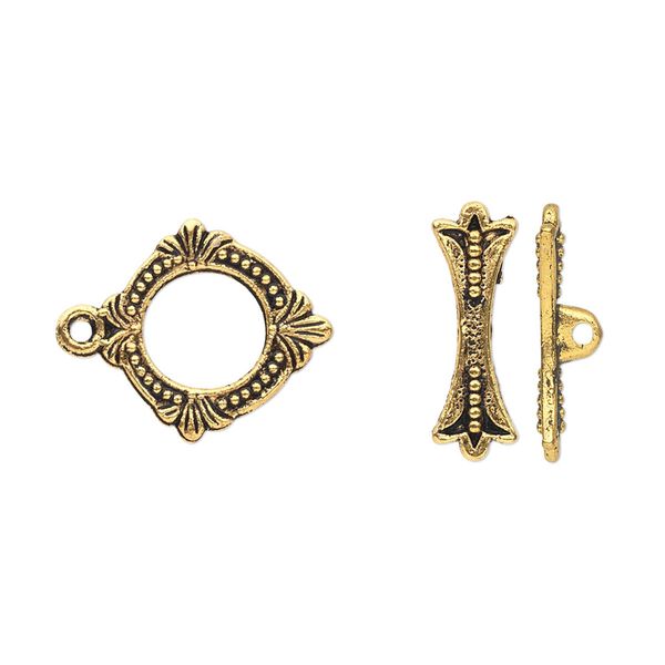Clasp toggle 1pkg20 "pewter" (zinc alloy), 15x14mm double-sided round, antique gold-finished 1-strand image number 0