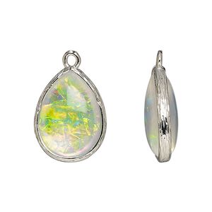Drop, Opalized Ice™, "opal" (resin) and imitation rhodium-finished brass, opaque white, 19.5x15mm double-sided teardrop. Sold per pkg of 4.