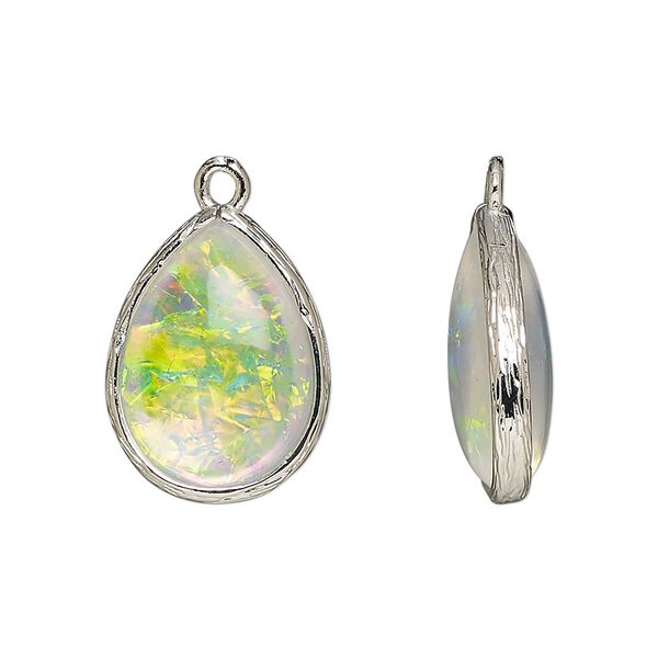 Drop, Opalized Ice™, "opal" (resin) and imitation rhodium-finished brass, opaque white, 19.5x15mm double-sided teardrop. Sold per pkg of 4. image number 0
