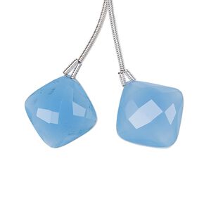 Blue chalcedony 1pkg2, hand-cut top-drilled puffed faceted diamond bead natural 17mm