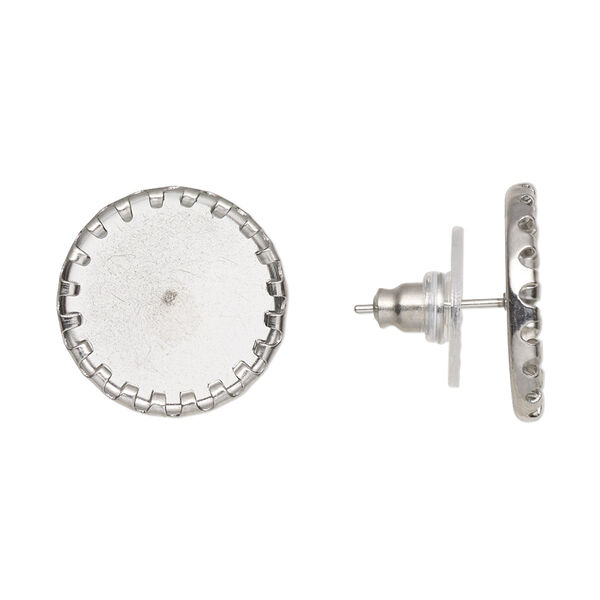 Earstud, stainless steel and plastic, clear, 17mm round with 14mm round cabochon pressure set setting. Sold per pkg of 5 pairs. image number 0