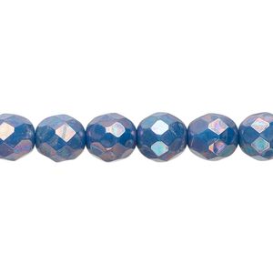 Bead, Czech fire-polished glass, opaque turquoise blue nebula, 8mm faceted round. Sold per 15-1/2" to 16" strand.