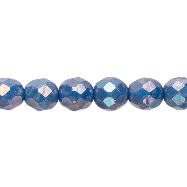Bead, Czech fire-polished glass, opaque turquoise blue nebula, 8mm faceted round. Sold per 15-1/2" to 16" strand. image number 0