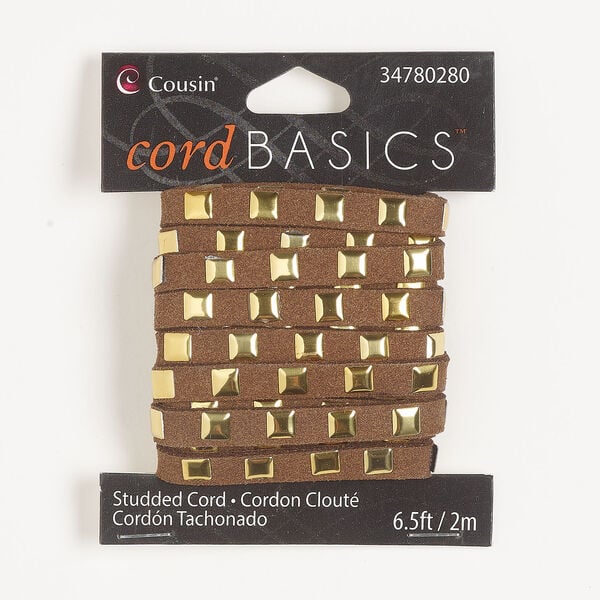 Cord 1pkg1, suede / gold-finished aluminum, brown, 7mm studded flat, 2 meters. image number 0