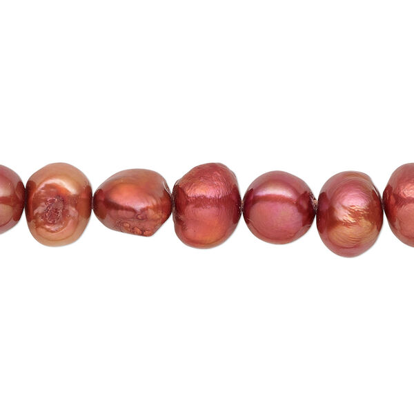 Pearl, cultured freshwater (dyed), dark red-orange, 7-9mm flat-sided potato with 0.4-0.6mm hole, D grade, Mohs hardness 2-1/2 to 4. Sold per 15-inch strand. image number 0