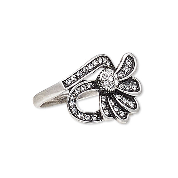 Ring, Austrian crystal and antique silver-plated "pewter" (zinc-based alloy), clear, 23x18mm flower, size 8. Sold individually. image number 0