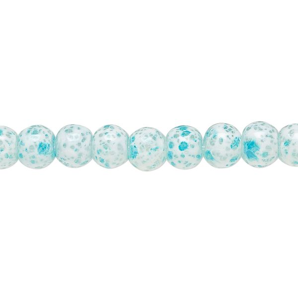 Bead, glass, opaque aqua blue and white, 5-6mm round with random spotted pattern. Sold per 15-1/2" to 16" strand. image number 0