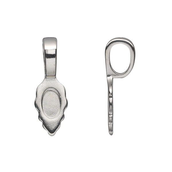 Bail, Aanraku®, glue-on, nickel-plated "pewter" (zinc-based alloy), 25x8mm with 13x8mm leaf flat base. Sold per pkg of 25. image number 0