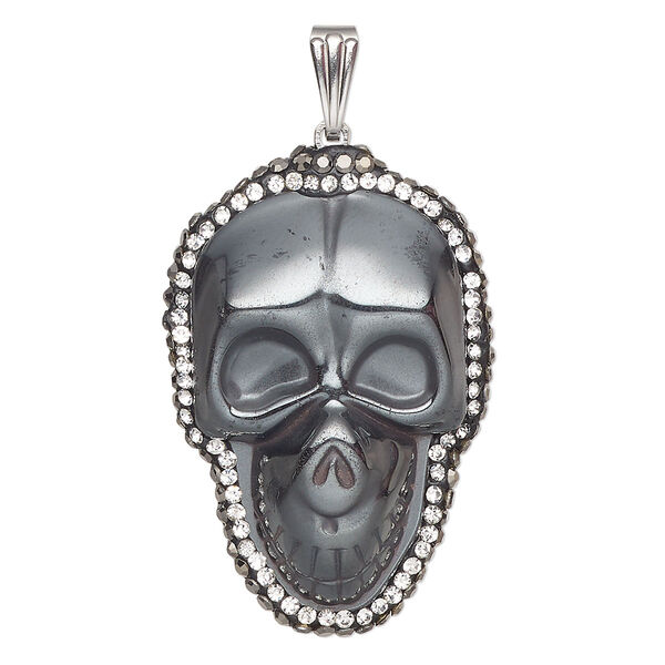 Pendant Hemalyke™ brass glass epoxy 1pk 37x25mm skull, Everyday Jewelry silver finish clear black image number 0