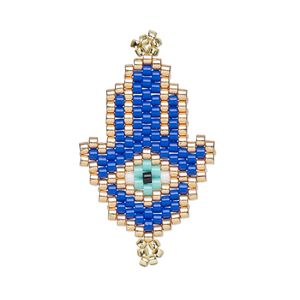 Link, Creative Touch, glass, cobalt blue / copper / multicolored, 26x15mm double-sided Hamsa hand with wards-off-the-evil-eye design. Sold individually.