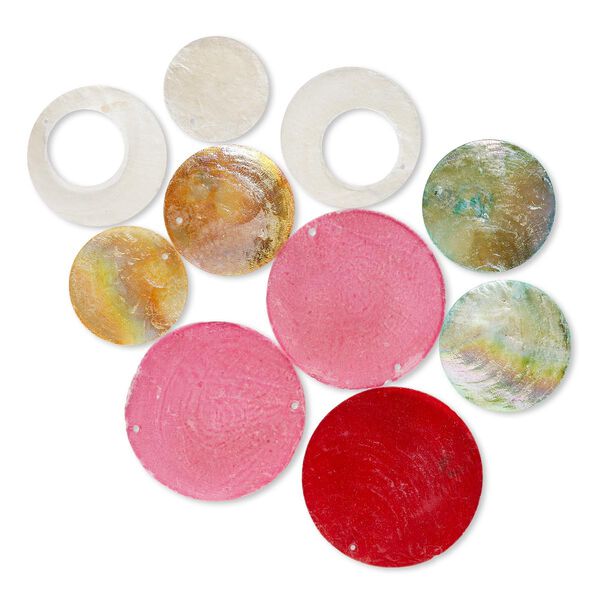 Focal mix, Capiz shell (dyed / coated), mixed colors, 38-65mm round and round go-go, Mohs hardness 3-1/2. Sold per pkg of 10. image number 0