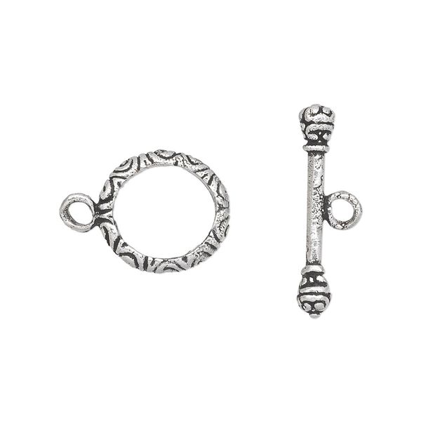 Clasp toggle 1pkg2 silver-plated, 14x13mm fancy oval, antique white brass 1-strand image number 0