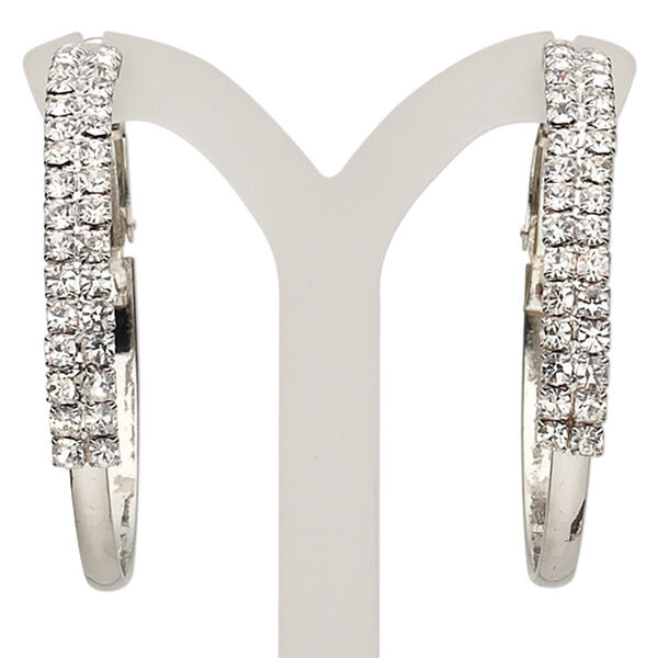 Earring, glass rhinestone with imitation rhodium-plated brass and steel, clear, 42x5mm round hoop with leverback ear wire. Sold per pair. image number 0