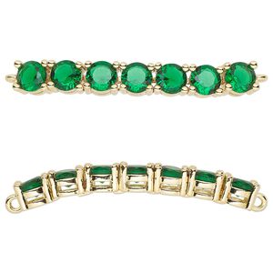 Focal, cubic zirconia and gold-plated brass, emerald, 40x5mm curved rectangle. Sold individually.