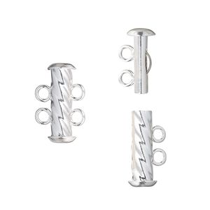 Clasp slide lock 1pkg4 silver-plated, 16x6mm corrugated round tube, brass 2-strand