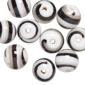 Bead, lampworked glass, opaque black / grey / white, 12mm round. Sold per pkg of 10.
