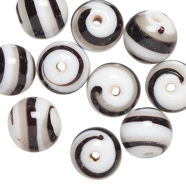 Bead, lampworked glass, opaque black / grey / white, 12mm round. Sold per pkg of 10. image number 0