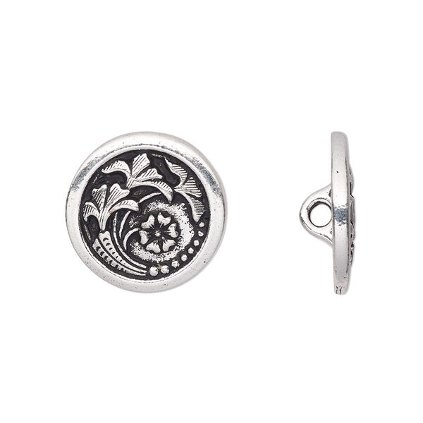 Button, TierraCast®, antique silver-plated pewter (tin-based alloy), 17mm flat round with Czech flower and loop. Sold per pkg of 20. image number 0