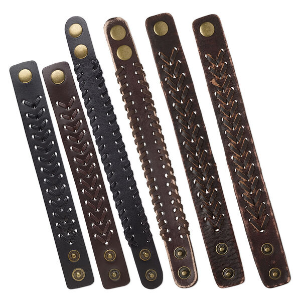 Bracelet mix, leather (dyed) and brass-plated steel, brown and black, 22mm wide, adjustable at 6 and 8 inches with snap closure. Sold per pkg of 3. image number 0