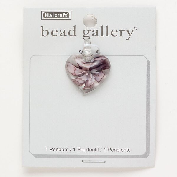 Focal lampworked glass 1pkg1 30mm puffed heart flower, opaque / transparent purple / clear image number 0