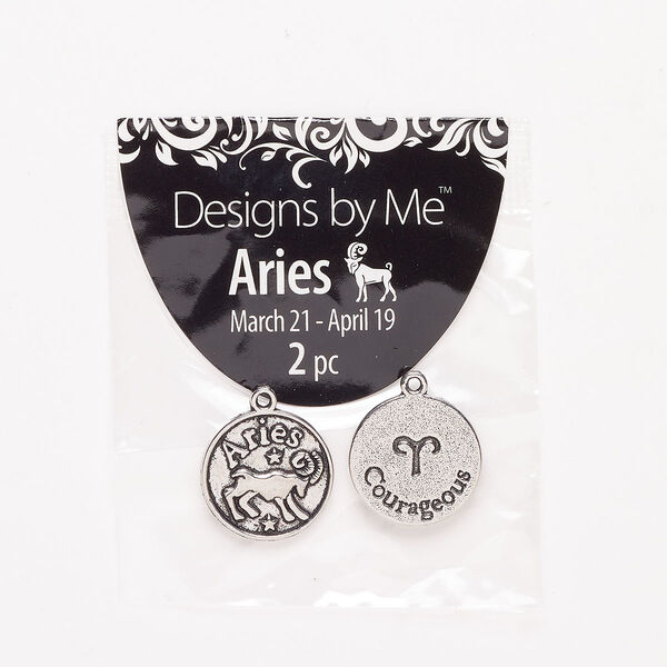 "Pewter" (zinc-based alloy) / enamel 1pkg2, 2-sided round charm / Aries / "Courageous" antique silver-finish / black 17mm image number 0