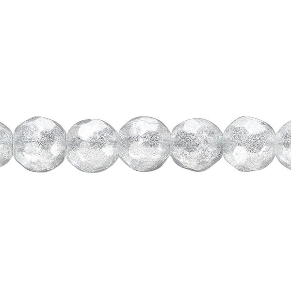 Bead, glass, translucent silver, 7-8mm faceted round with glitter. Sold per 8-inch strand, approximately 25 beads. image number 0