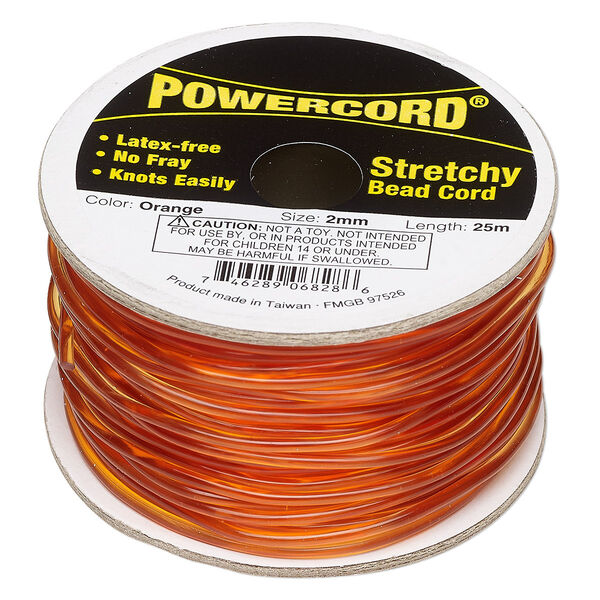 Cord, Powercord®, elastic, orange, 2mm, 21.5-pound test. Sold per 25-meter spool. image number 0