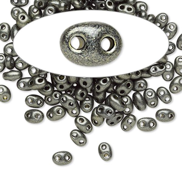 Seed bead, Preciosa Twin™ Czech glass, pkg/50g, 5x2.5mm oval, opaque khaki green terra pearl black, (28986). image number 0