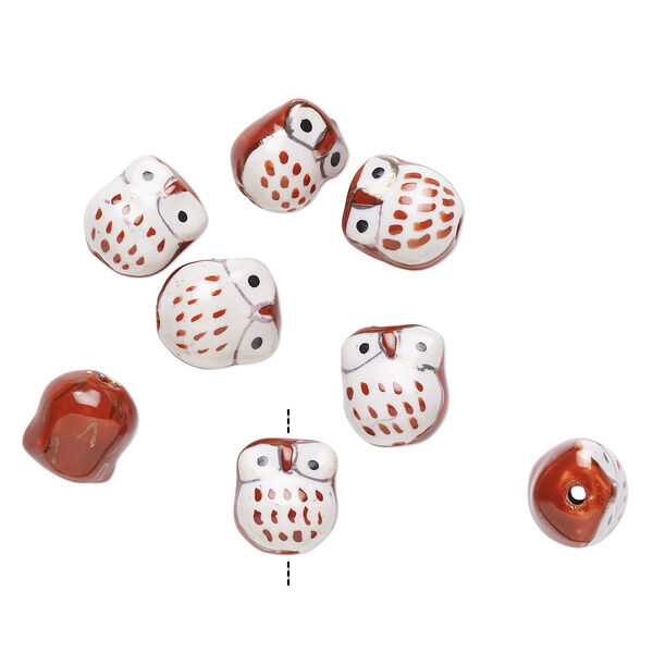 Bead, porcelain, brown / white / black, 16x14mm hand-painted owl. Sold per pkg of 8. image number 0