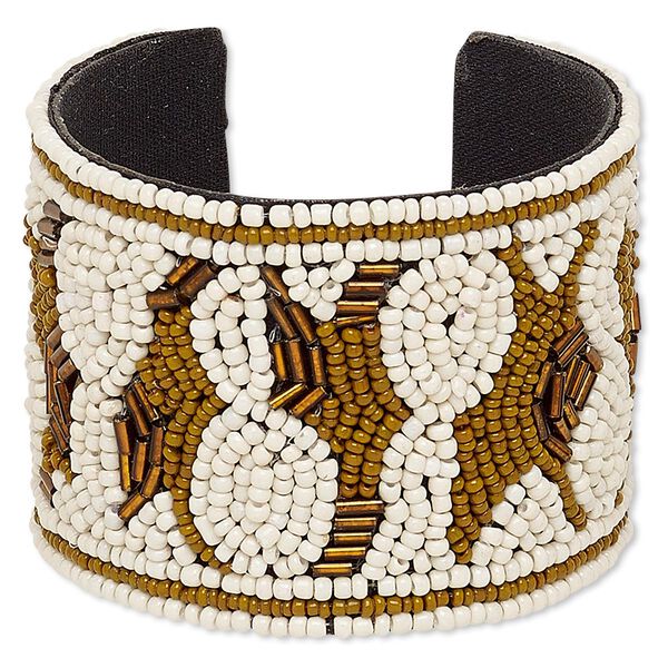 Bracelet, cuff, cotton / glass / steel, multicolored, 52mm wide with mosaic design, adjustable from 7-8 inches. Sold individually. image number 0