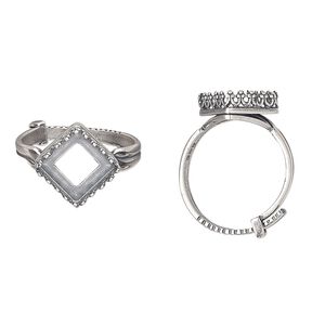 Ring, JBB Findings, antique silver-plated brass, 15mm wide with decorative trim and 10x10mm square bezel setting, adjustable from size 8-11. Sold individually.