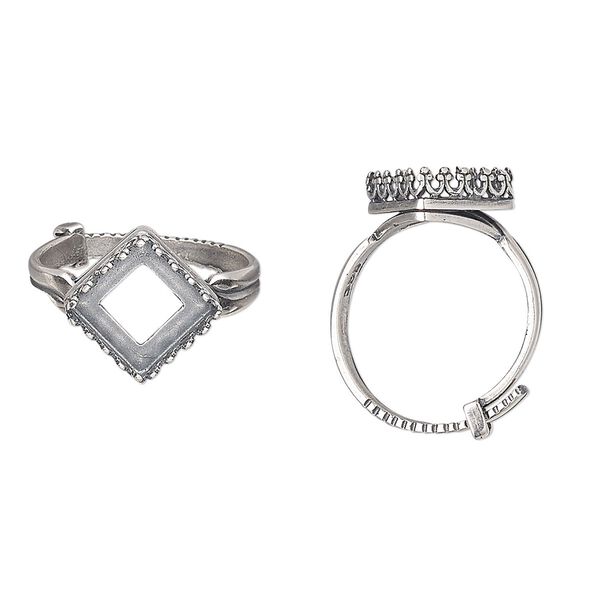 Ring, JBB Findings, antique silver-plated brass, 15mm wide with decorative trim and 10x10mm square bezel setting, adjustable from size 8-11. Sold individually. image number 0
