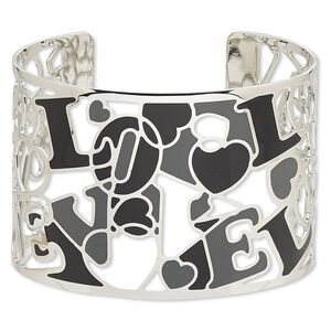 Bracelet, Avant-Garde Jewelry Collection™, cuff, enamel and imitation rhodium-plated brass, black / grey / cream, 50mm wide with cutout and abstract design with "LOVE," adjustable from 7-1/2 to 8 inches. Sold individually.
