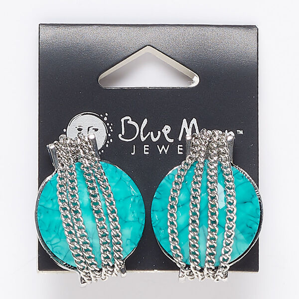 Earstud, acrylic / silver-finished "pewter" (zinc-based alloy) / steel, blue, 31x22mm with comfort clutch earnut. Sold per pair. image number 0