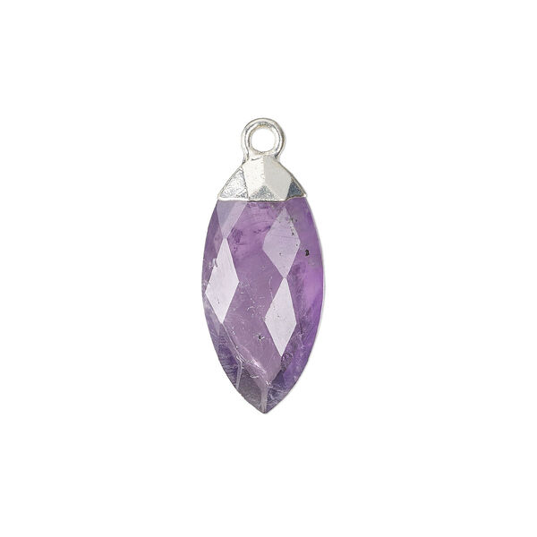 Drop, amethyst (natural) / sterling silver / silver-plated copper, 19mmx9mm hand-cut faceted puffed marquise. Sold individually. image number 0