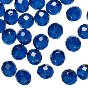 Bead 1pkg50 Czech fire-polished glass, transparent dark aqua blue, 8mm faceted round.