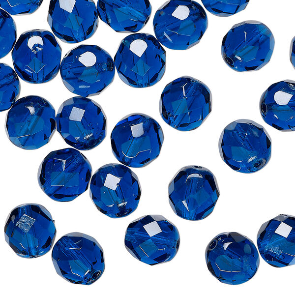 Bead 1pkg50 Czech fire-polished glass, transparent dark aqua blue, 8mm faceted round. image number 0