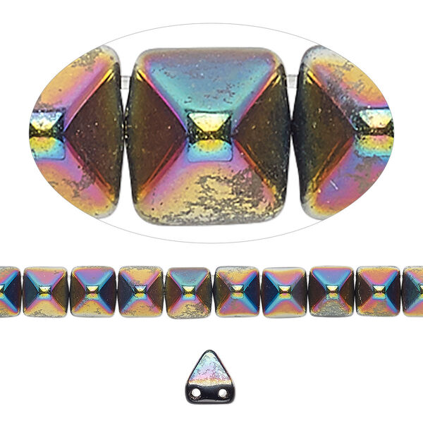 Spacer, Preciosa, Czech pressed glass, opaque black vitrail, 6x6x7mm 2-strand pyramid, fits up to 3mm bead. Sold per 8-inch strand, approximately 30 spacers. image number 0
