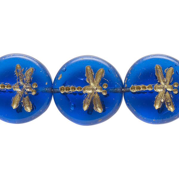 Bead, Preciosa, Czech pressed glass, translucent light cobalt blue, 17mm flat round with gold-painted dragonfly. Sold per pkg of 12. image number 0