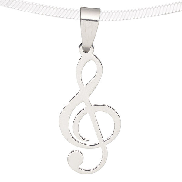 Pendant, stainless steel, 27x14mm matte and shiny treble clef. Sold individually. image number 0