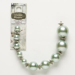 Bead, acrylic and antique silver-finished "pewter" (zinc-based alloy), mint green, graduated round. Sold per 7-inch strand.