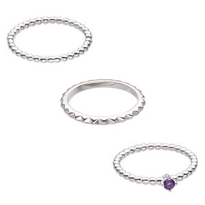Ring, amethyst (natural) and sterling silver, 2mm wide spiked band / 2mm / 4mm wide beaded band, size 8. Sold per 3-piece set.